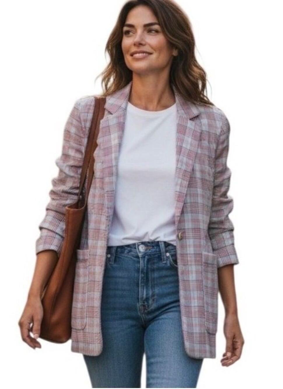 Anthropologie Maeve Relaxed Linen Blend Blazer Jacket Tartan Plaid Blue S
